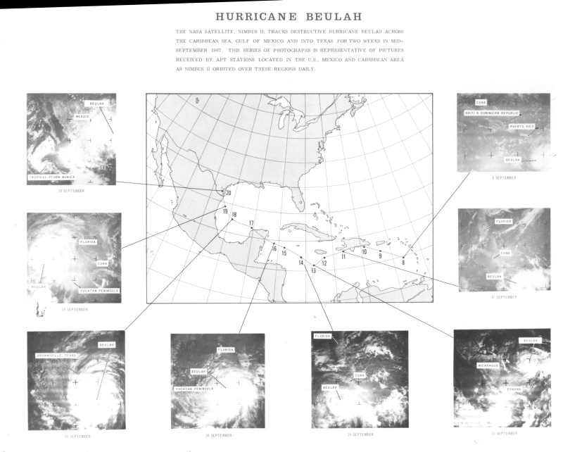 NASA poster of eight satellite views of Hurricane Beulah from September 5 to 21, 1967, beside a map of its track across the Caribbean and Gulf of Mexico into Texas