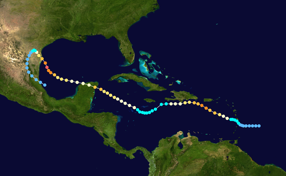 Map of the Atlantic and Gulf basin showing Hurricane Beulah track from east of the Lesser Antilles across the Caribbean and Gulf of Mexico to the Texas and Mexico coast, with intensity colors at six-hour intervals